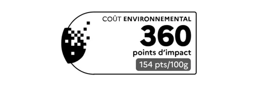 Exemple d'étiquette affichant le coût environnemental : 360 points d’impact, rapportés à 154 points pour 100 grammes.