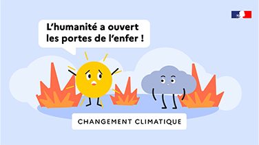 Illustration, un soleil dit à un nuage « L'humanité a ouvert les portes de l'enfer ! ». Titre : Changement climatique.
Logo Marianne en haut à droite